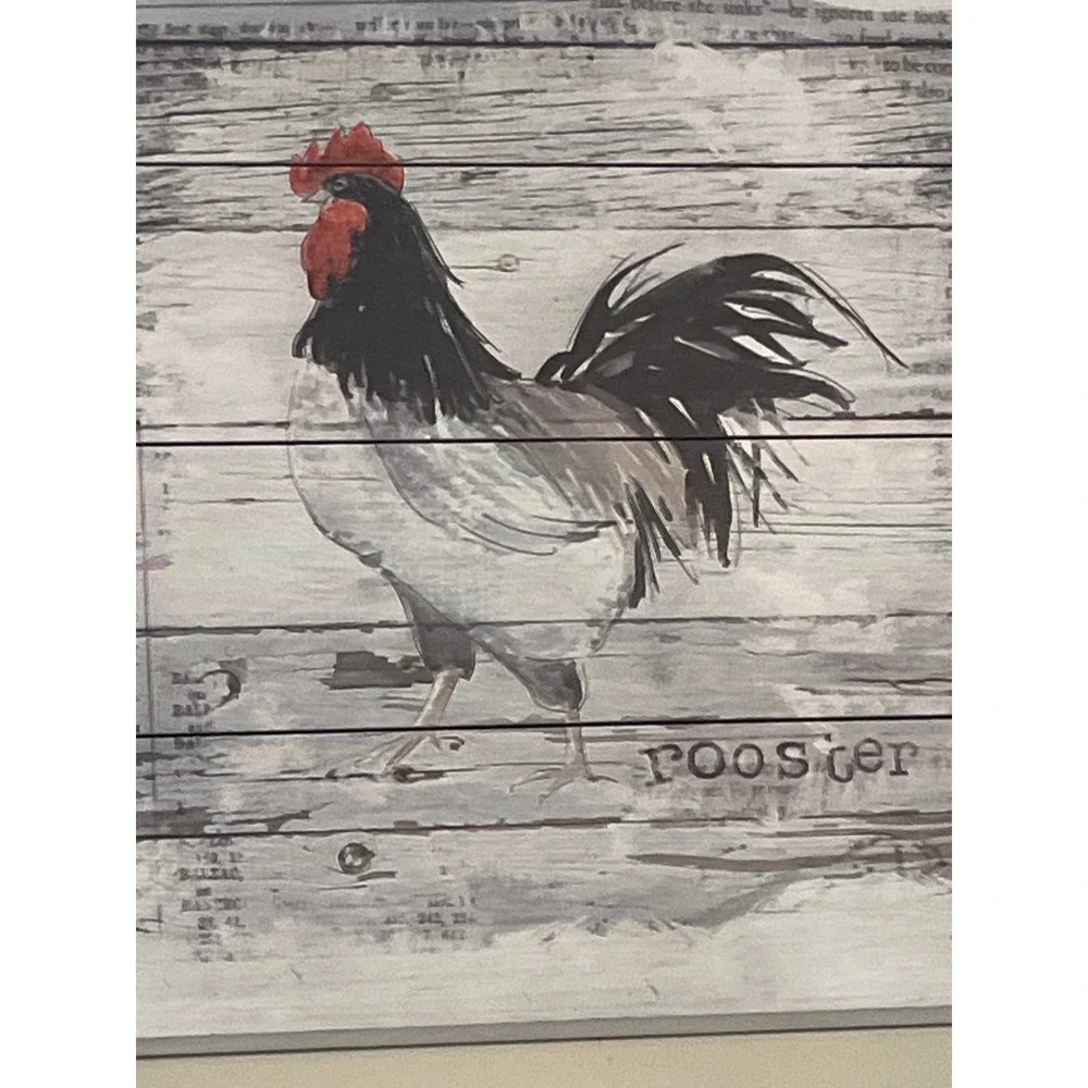 Set of 2 Rustic Farmhouse Rooster and Hen Canvas Wall Art Wood Plank Style Decor